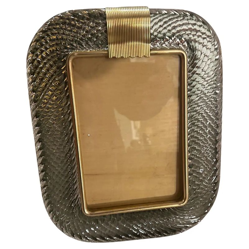 1990s Barovier Style Art Deco Grey Murano Glass and Brass Picture Frame