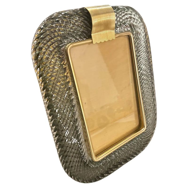 1990s Barovier Style Art Deco Grey Murano Glass and Brass Picture Frame