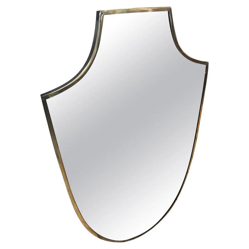 1950s Gio Ponti Style Mid-century Modern Brass Shield Shaped Wall Mirror