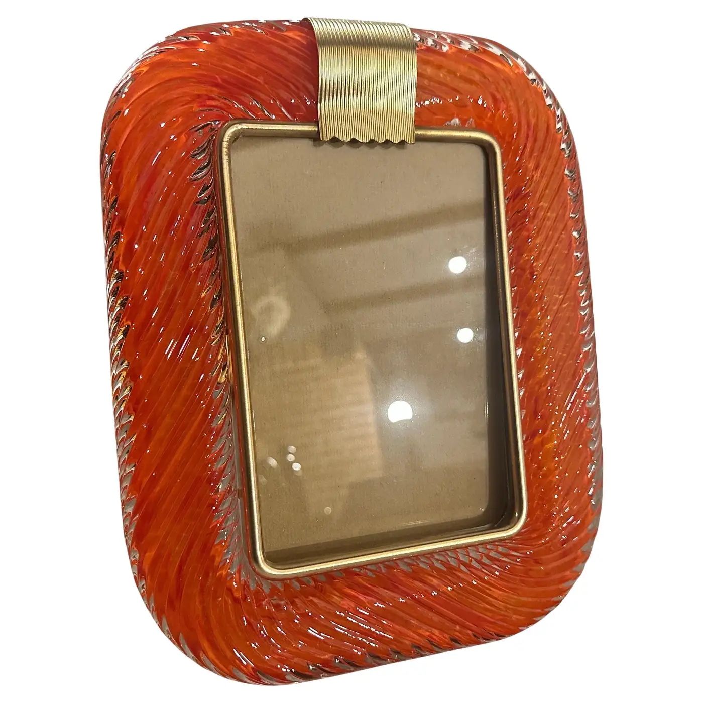1990s Barovier Style Art Deco Orange Murano Glass and Brass Picture Frame