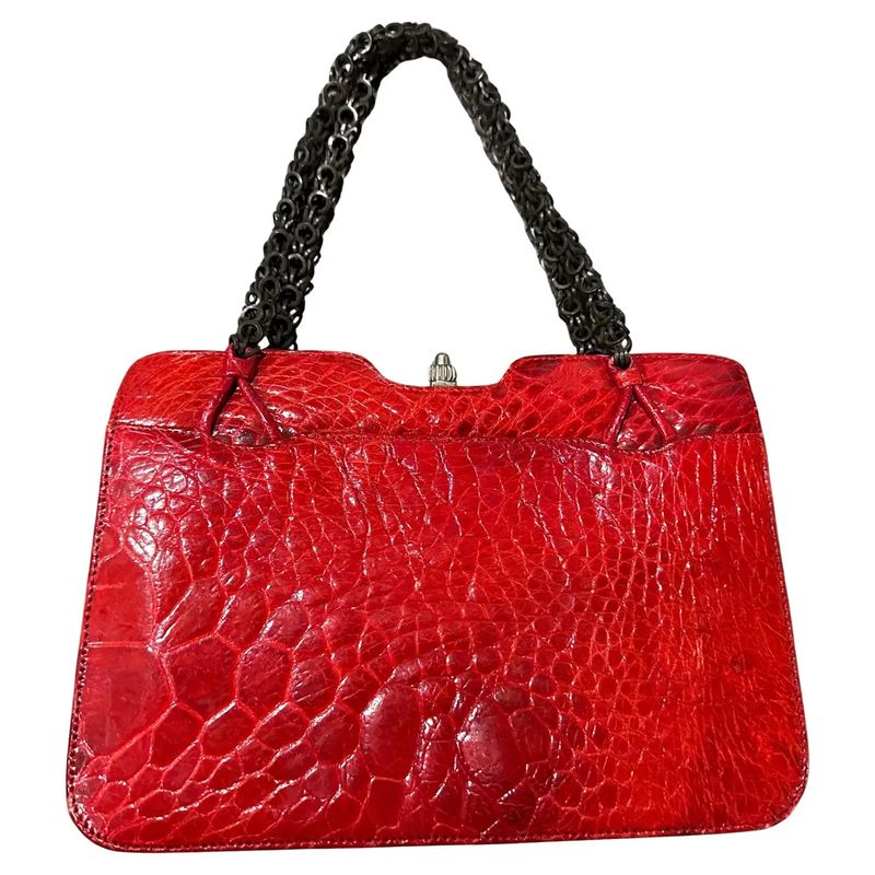 1980s Vintage Red Leather and Black Painted Metal Chain Italian Evening Bag