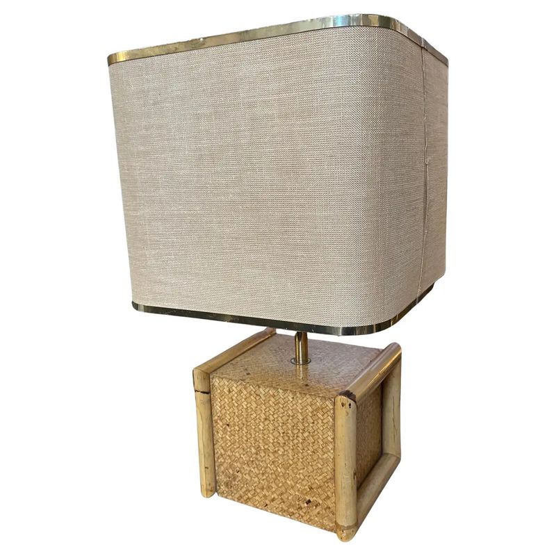 1970s Gio Batta Mid-Century Modern Bamboo and Brass Italian Square Table Lamp