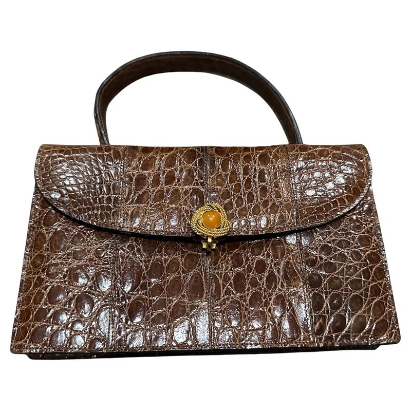 1930s Art Deco High Quality Brown Leather Italian Jewel Evening Bag