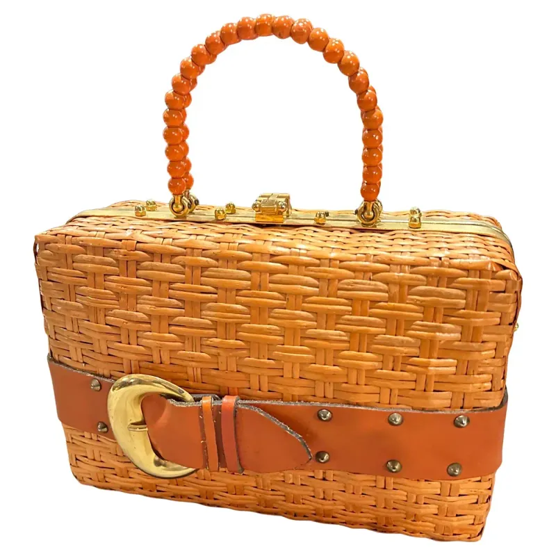 An Amazing 1950s Wicker, Brass and Orange Leather Italian Hand-Bag