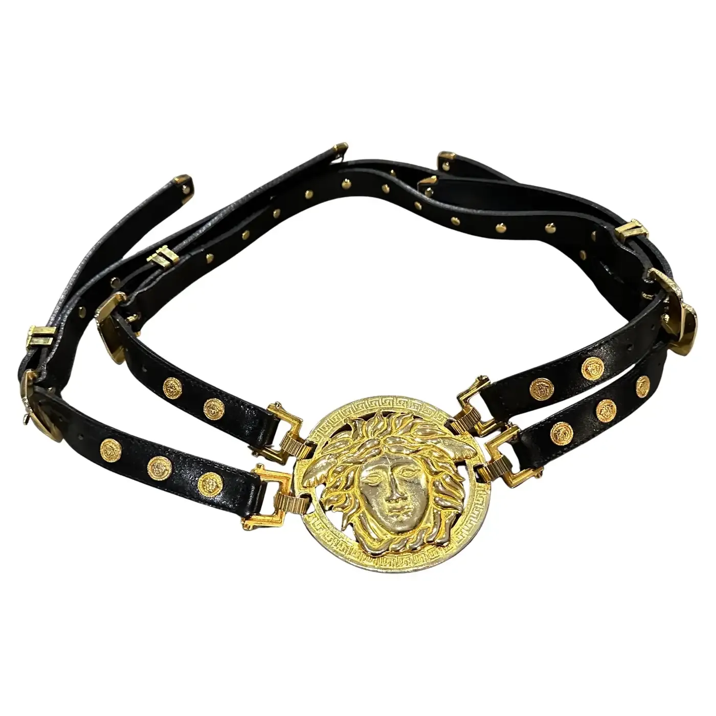 Iconic 1992 Gianni Versace Black Leather and Brass Bondage Medusa Belt