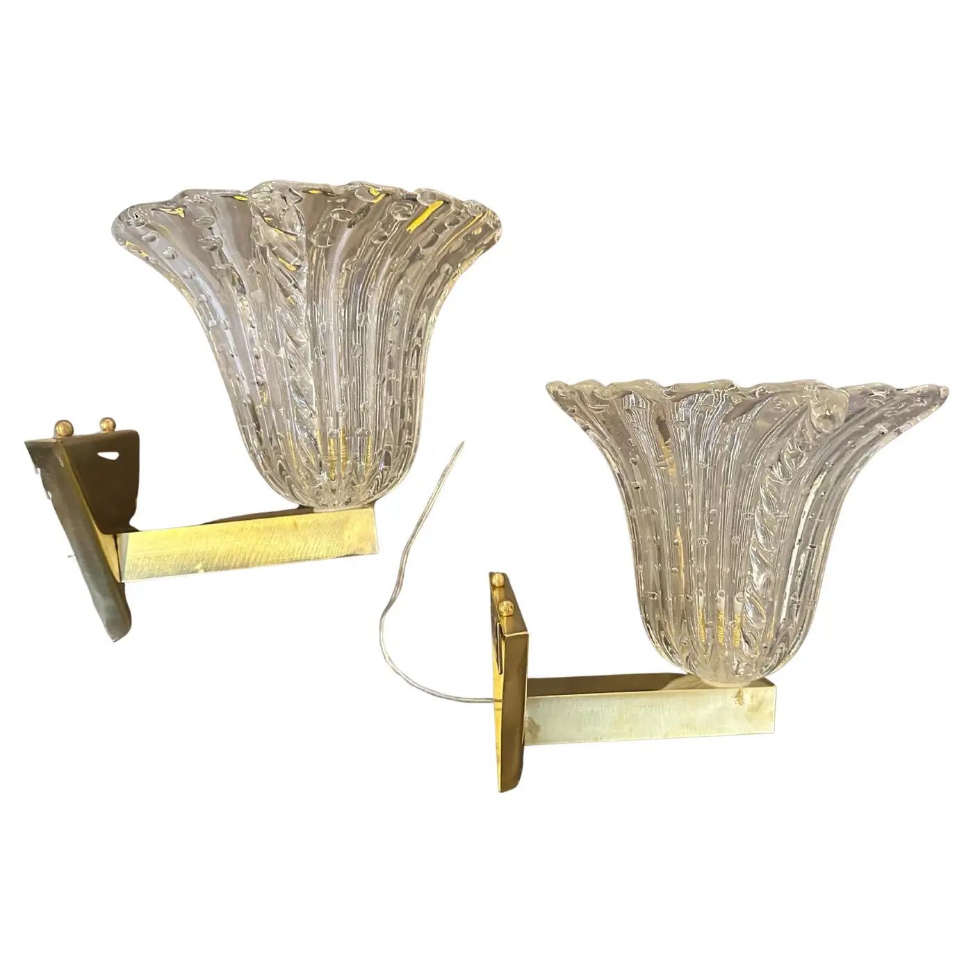 Two 1970s Barovier Style Mid-century Modern Murano Glass Wall Sconces