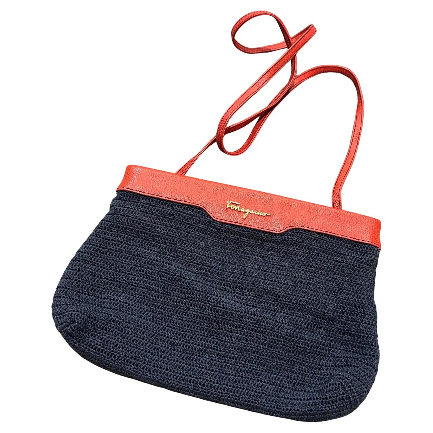 1980s Navy Blue Woven Fabric and Red Leather Shoulder Bag by Ferragamo
