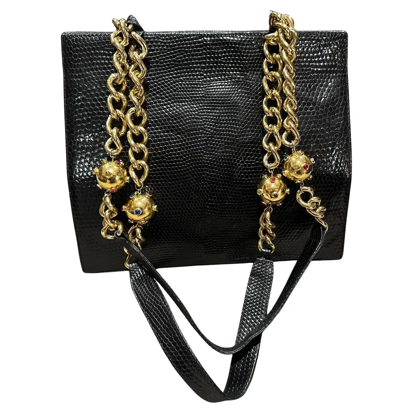 1980s Vintage Black Leather and Costume Jewelry Chain Italian Shoulder Bag
