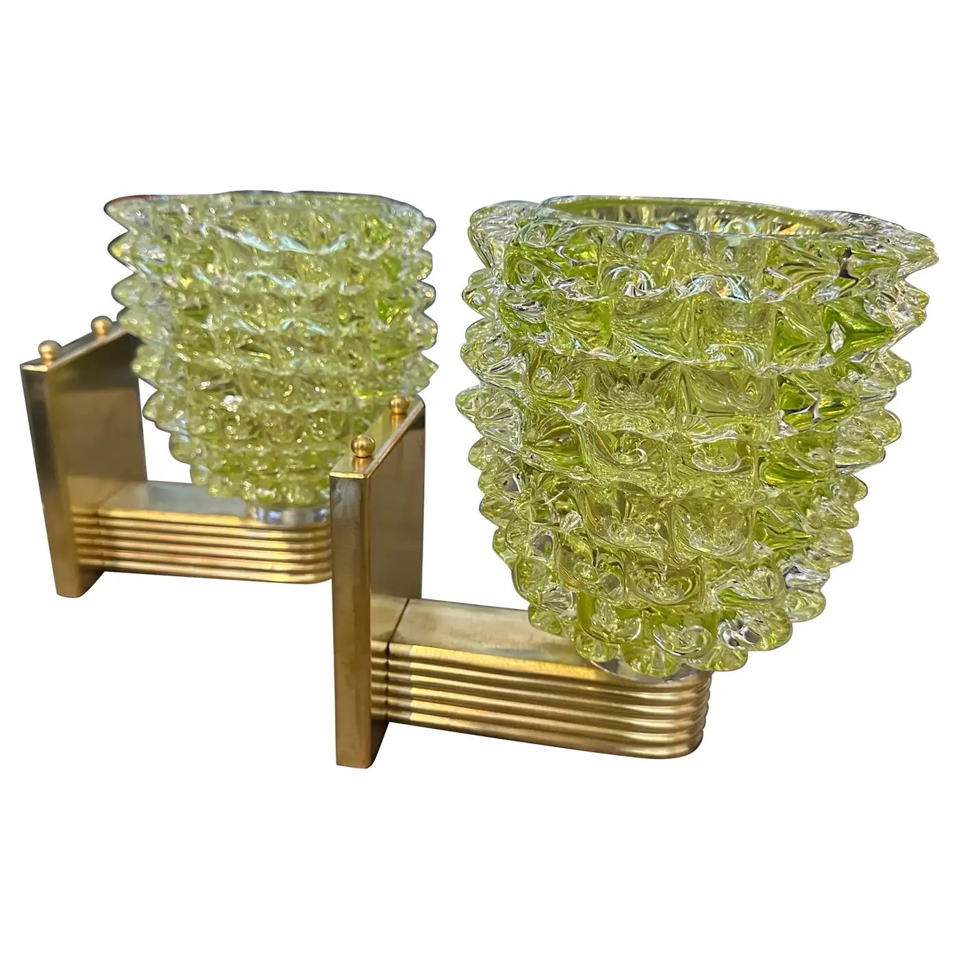 Two 1990s Barovier Style Art Deco Rostrato Green Murano Glass Wall Sconces