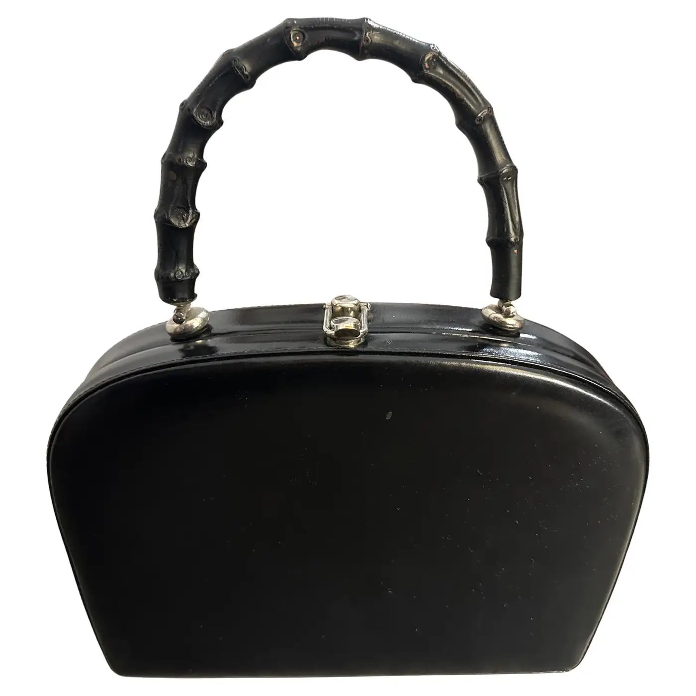 1950s Art Deco Black Leather and Wood Italian Top Handle bag