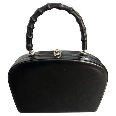 1950s Art Deco Black Leather and Wood Italian Top Handle bag