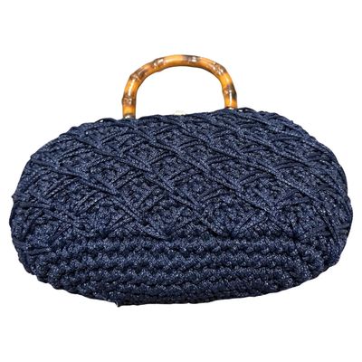 1970s Blue Woven Fabric Brass and Bamboo Italian Top Handle Bag