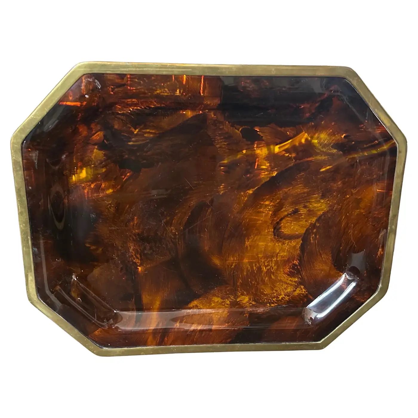 1970S Mid-Century Modern Fake Tortoiseshell Lucite and Brass Octagonal Tray