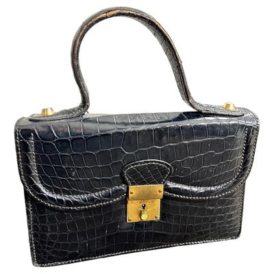 1950s Retro High Quality Black Leather and Brass Italian Evening hand-Bag