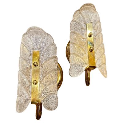 Two 1970s Barovier Style Mid-Century Modern Brass and Murano Glass Wall Sconces