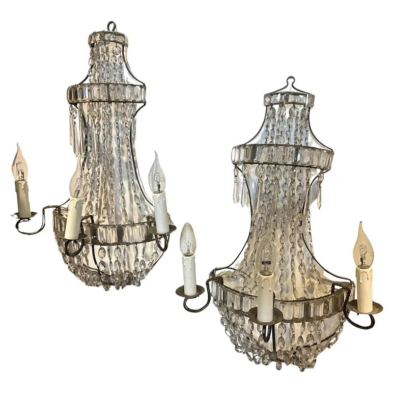 Two Early 20Th Century Art Nouveau Iron and Crystal Sicilian Wall Sconces