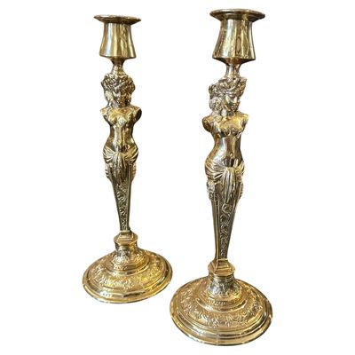 Two 20th Century Art Nouveau Gilded Metal Italian Candlesticks