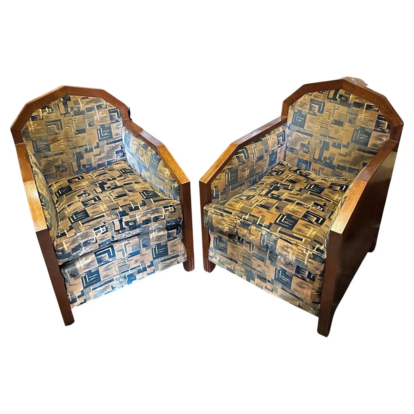 A Pair of 1930s Art Deco Wood and Original Velvet Fabric Italian Armchairs