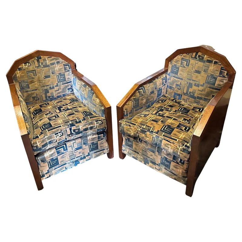 A Pair of 1930s Art Deco Wood and Original Velvet Fabric Italian Armchairs