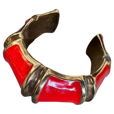 1990s Fake Bamboo Brass and Red Lacquer Bracelet by Fraleoni