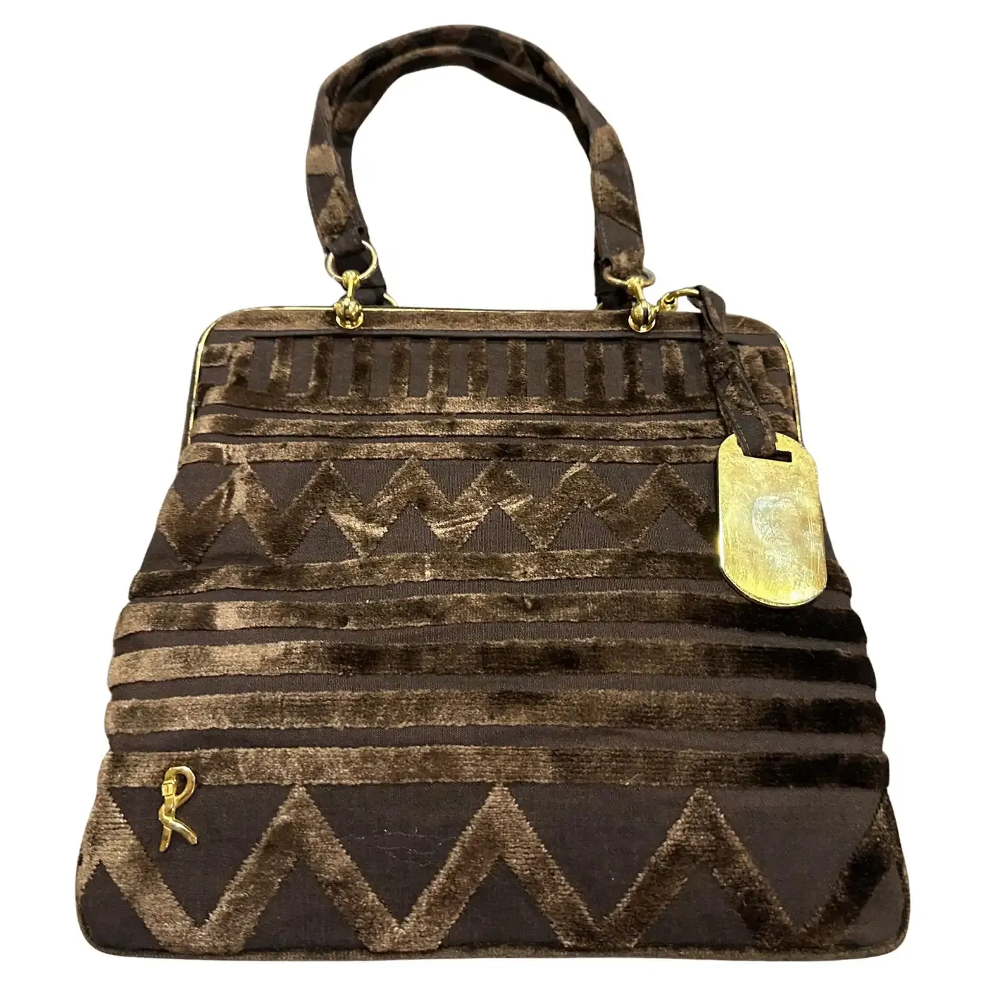 An Elegant 1970s Brown Velvet and Brass Accents Hand-Bag by Roberta di Camerino