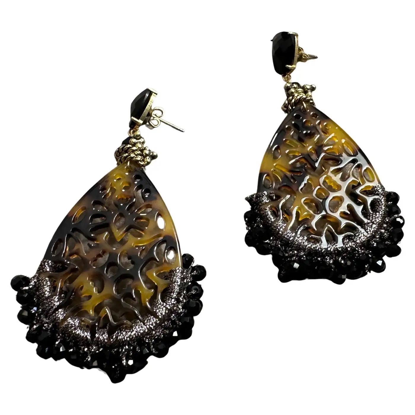 1990s Vintage Fake TortoiseShell Lucite and Black Onyx Chandelier Earrings