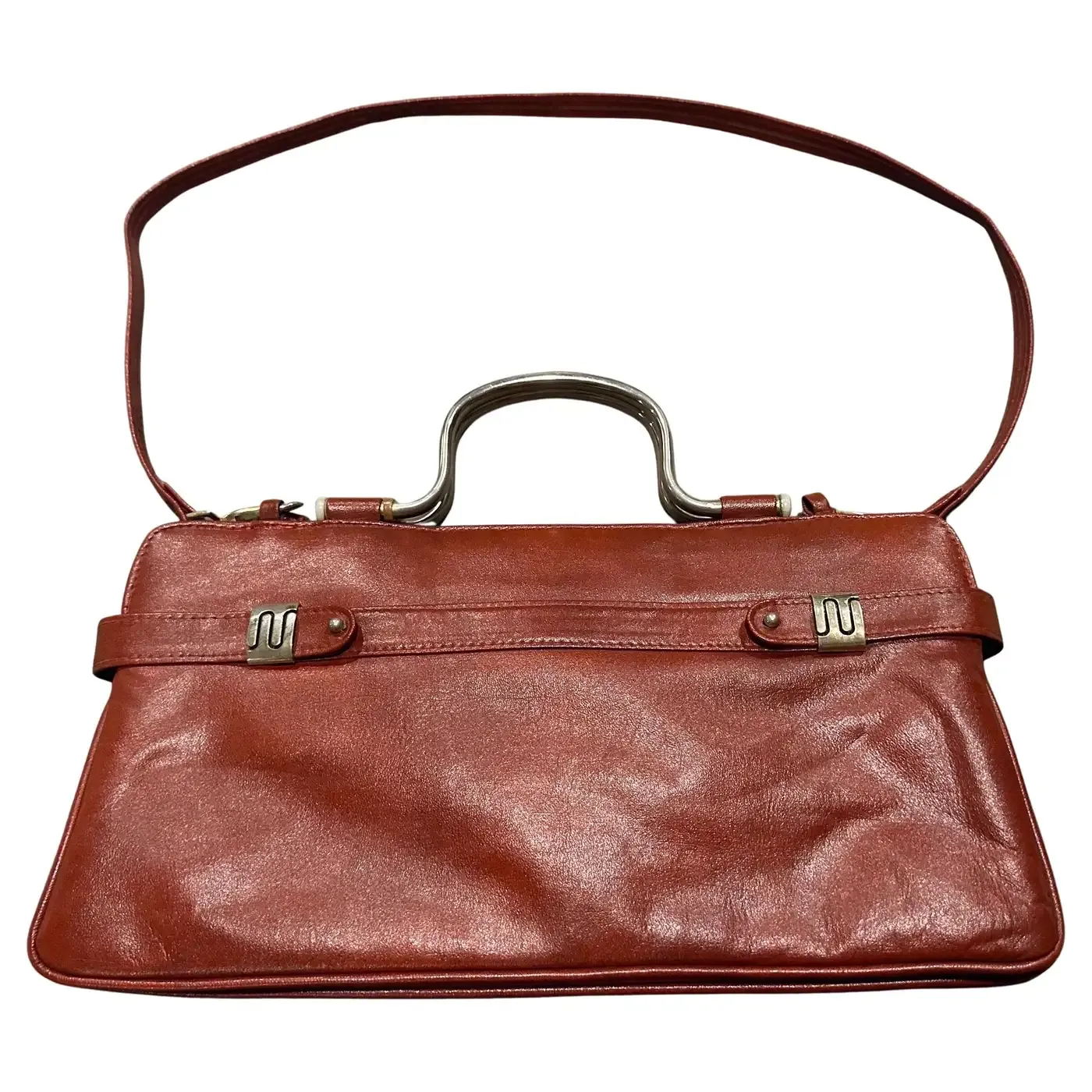 1970s Red Leather and Silvered Metal Italian Shoulder Bag