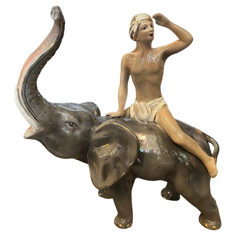 1950s Orientalist Ceramic Italian Figure of a boy on an Elephant by Sica