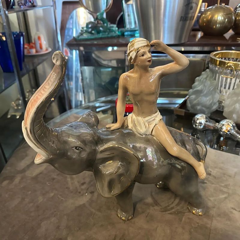 1950s Orientalist Ceramic Italian Figure of a boy on an Elephant by Sica