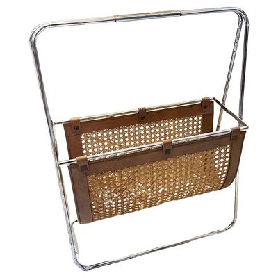1970s Mid-Century Modern Steel, Leather and Wicker Italian Magazine Stand