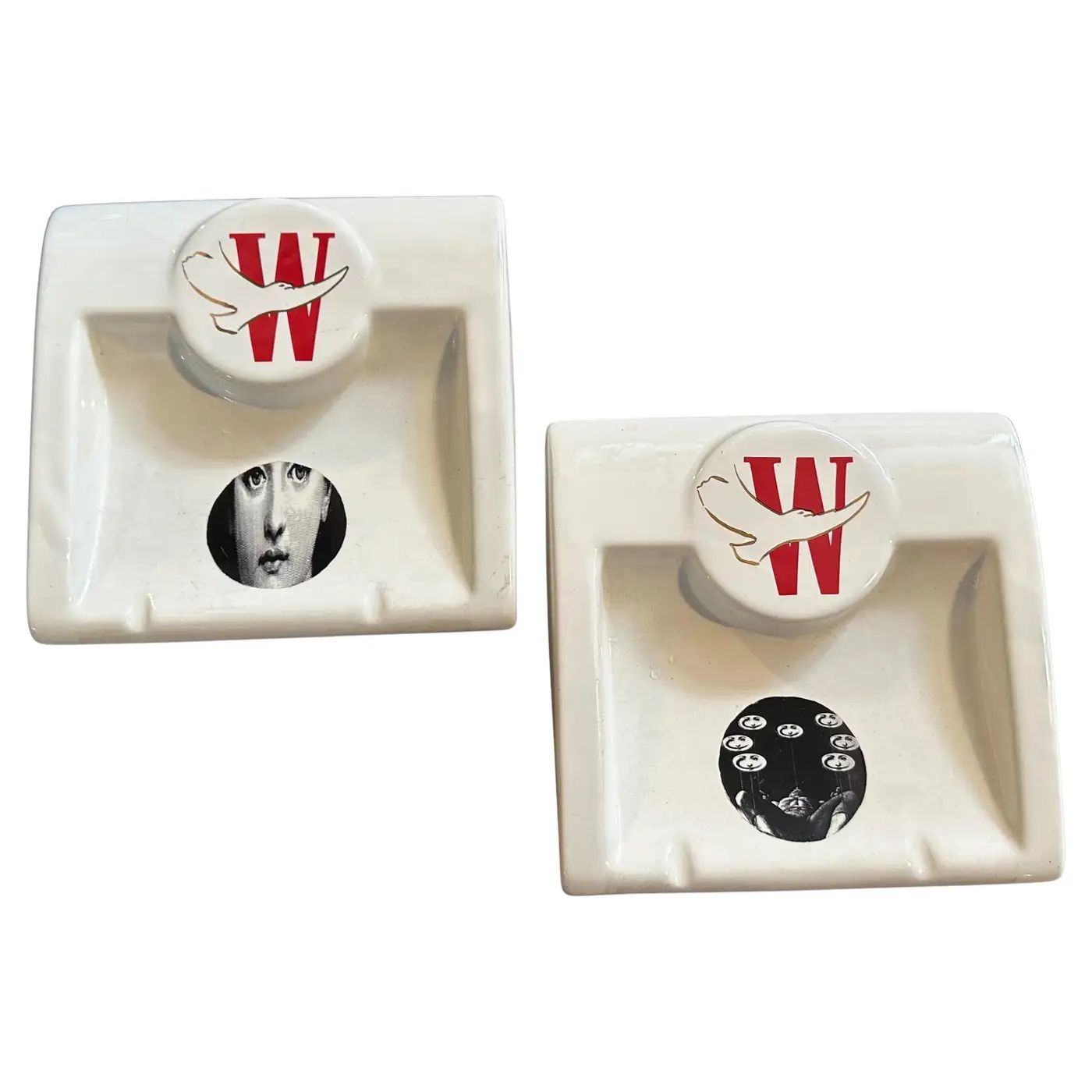 Two 1970s Mid-Century Modern Fornasetti for Winston White Ceramic Vide Poches