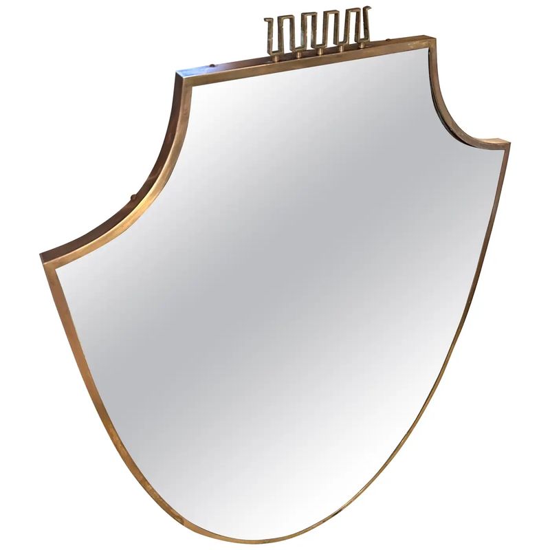 1950s Gio Ponti Style Mid-Century Modern Solid Brass Shield Shaped Wall Mirror