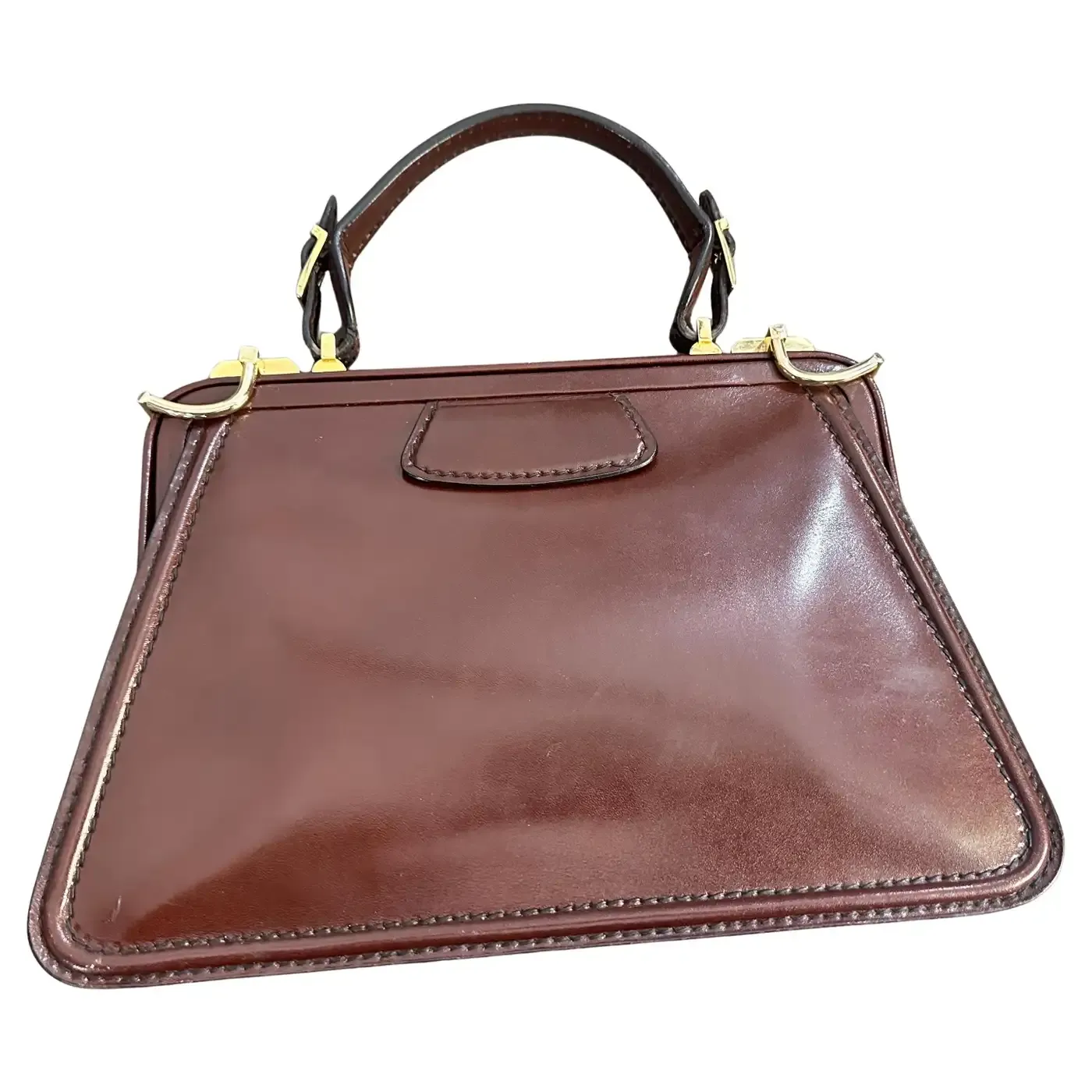 An Elegant 1900s Brown Leather and Brass Italian Top Handle Bag
