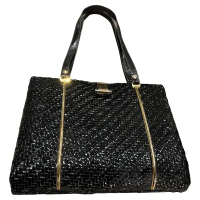 An Amazing 1960s Black Woven Wicker and Brass Italian Hand Bag