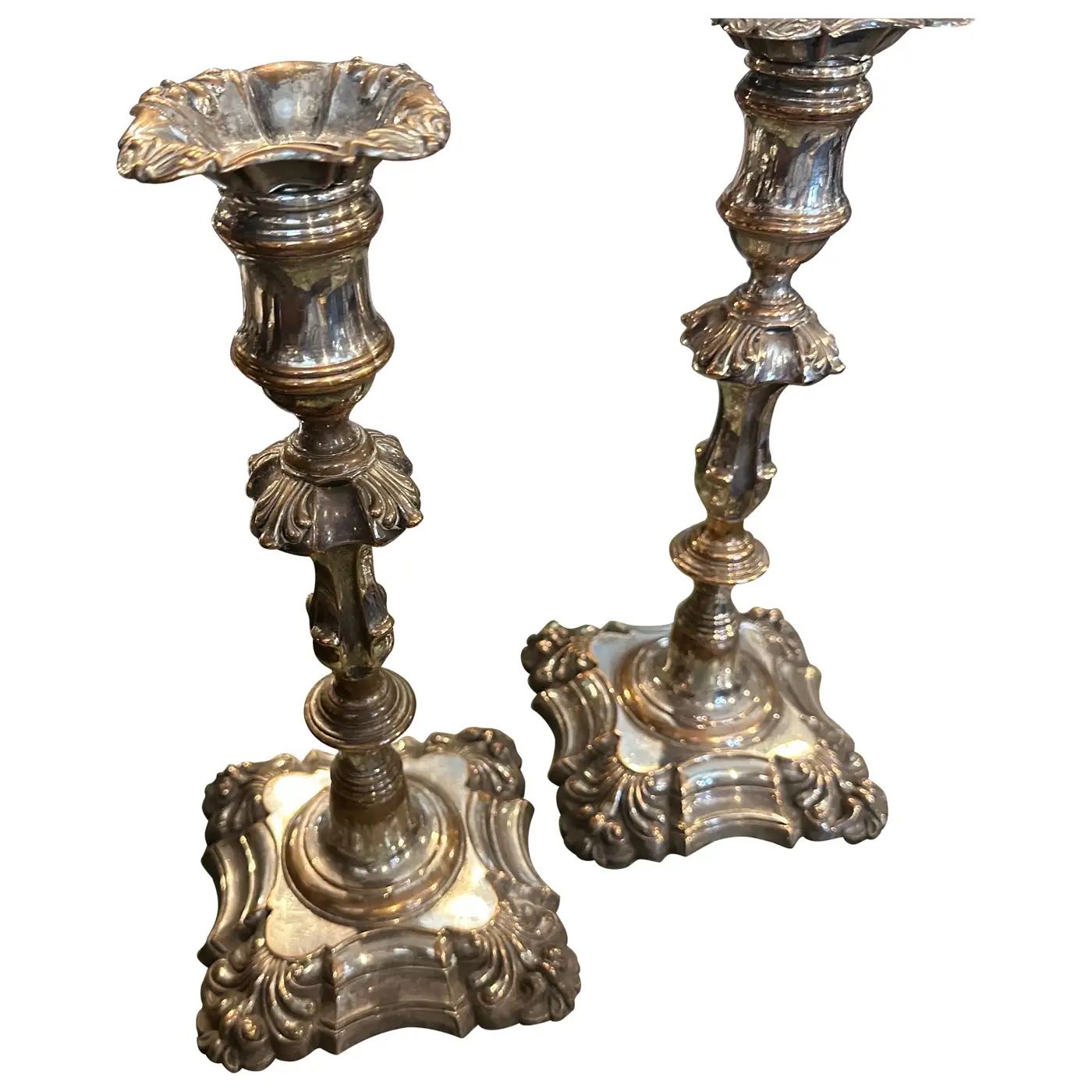 A Pair of Mid-19th Century Sheffield Plate Victorian British Candlesticks