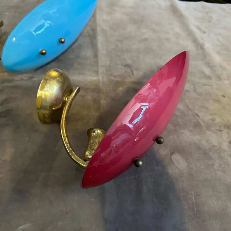 Two 1950s Mid-Century Modern Brass and Opaline Glass Italian Wall Sconces