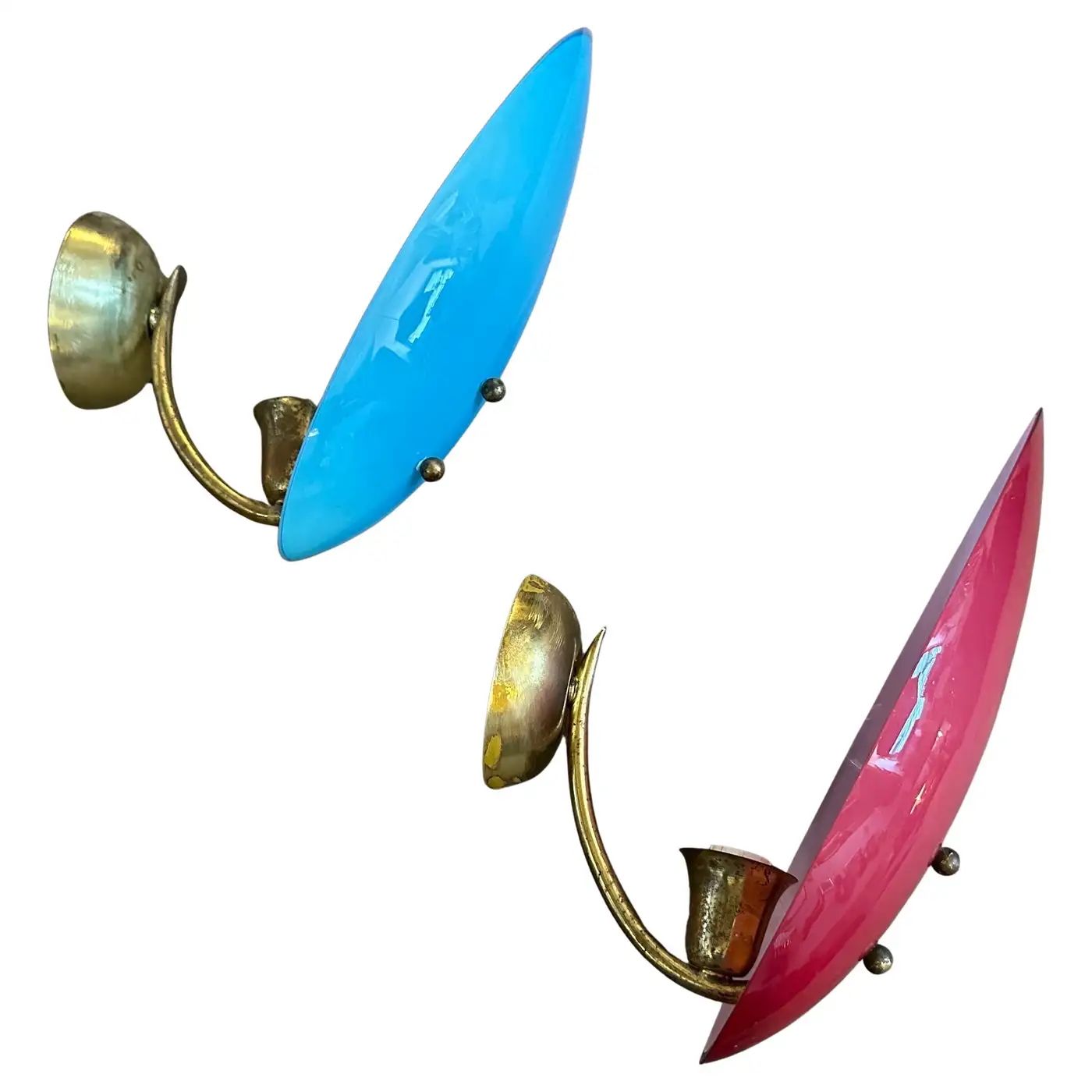 Two 1950s Mid-Century Modern Brass and Opaline Glass Italian Wall Sconces