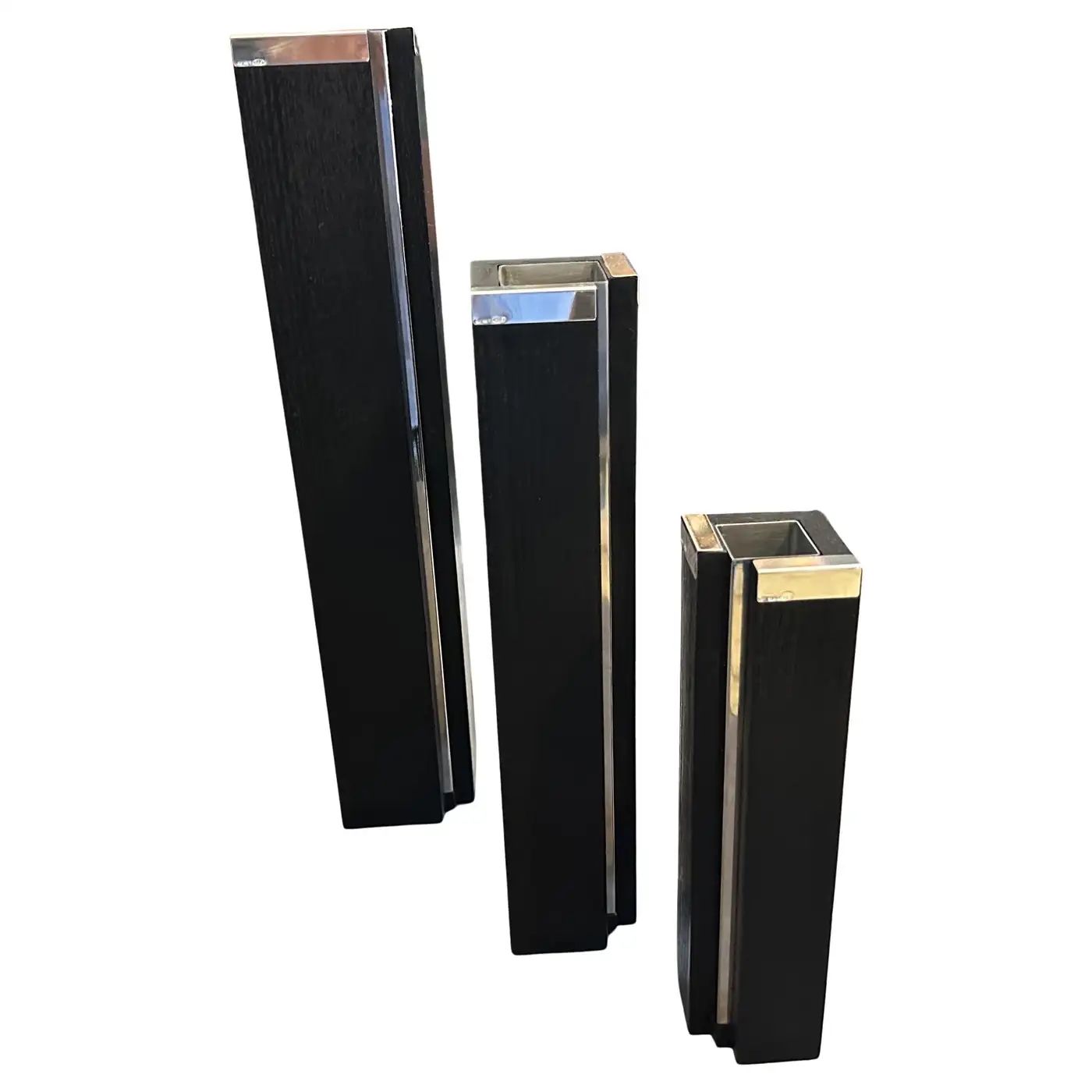 Set of Three 1980s Minimalist Ebonized Wood and Sterling Silver Vases by Silvan