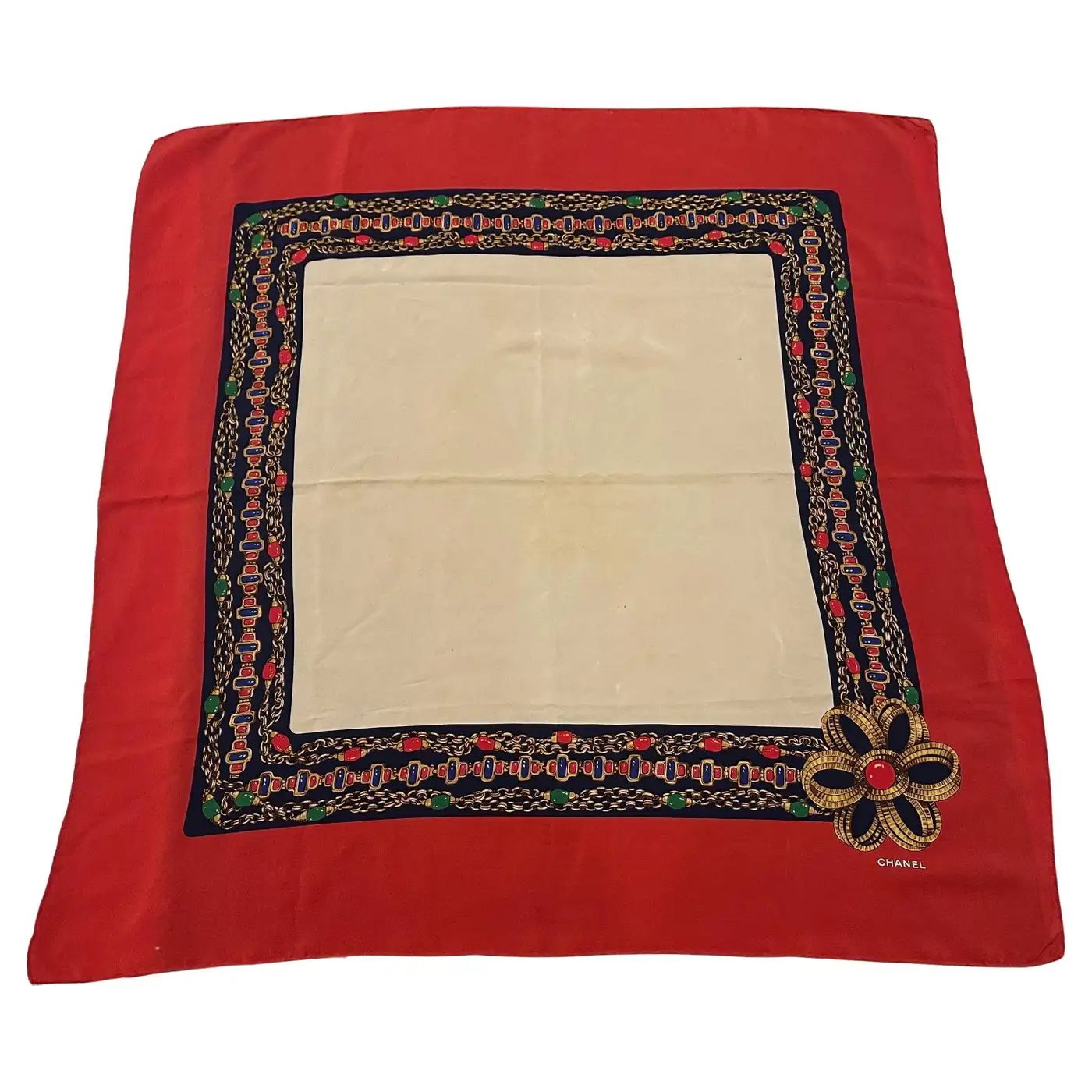 Elegant 1980s Silk French Carré Scarf by Chanel
