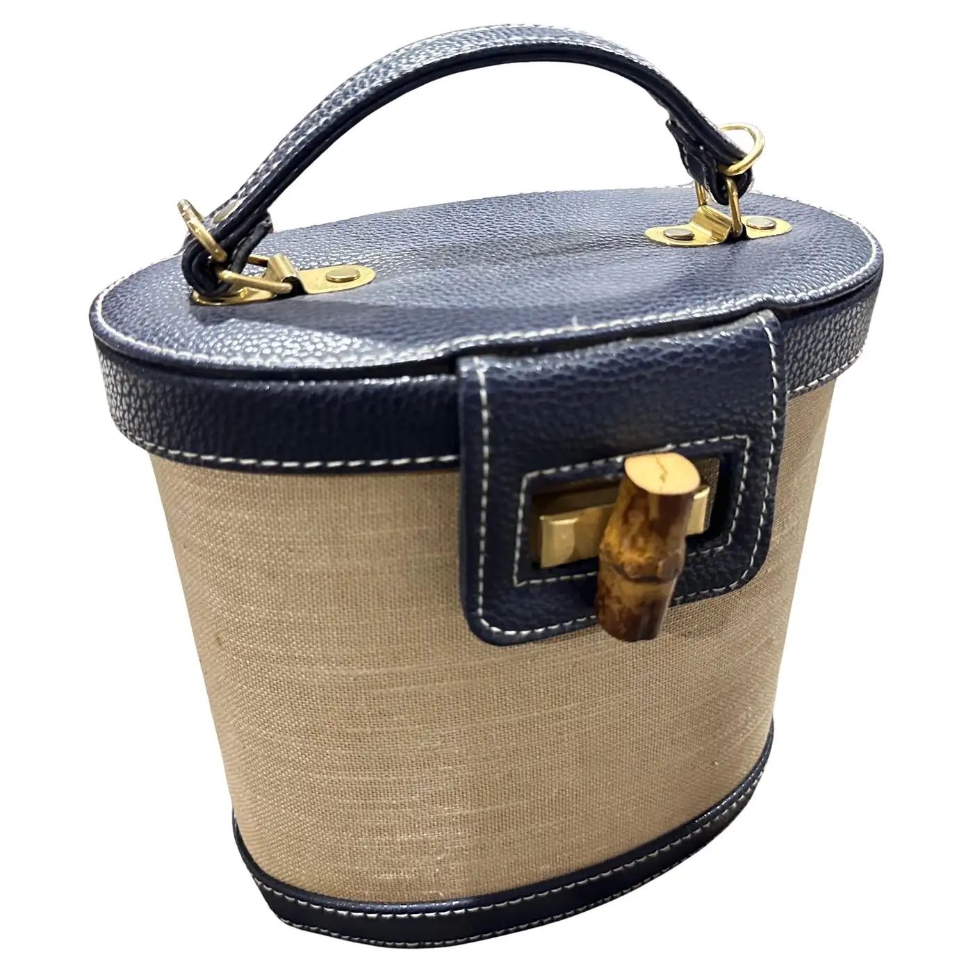 1960s Vintage Blue Leather Bamboo and Brass Italian Top Handle Bag