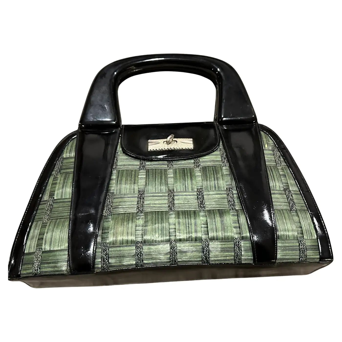 1970s Woven Green Straw and Black Leather Italian Top Handle Bag