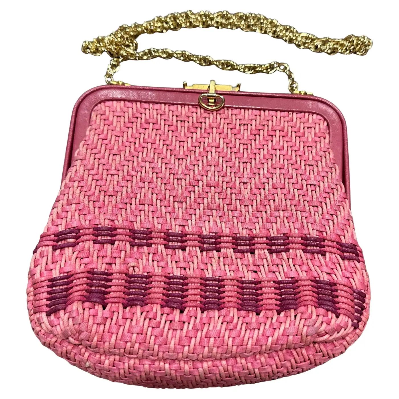 1950s Pink Woven Fabric and Brass Italian Minaudière Bag