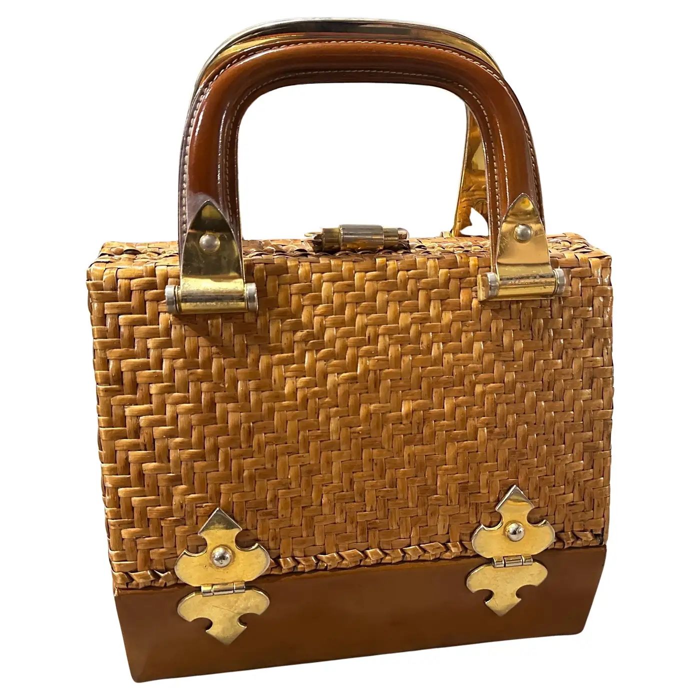 1960s Woven Wicker Leather and Brass Top Handle Bag by Rodo