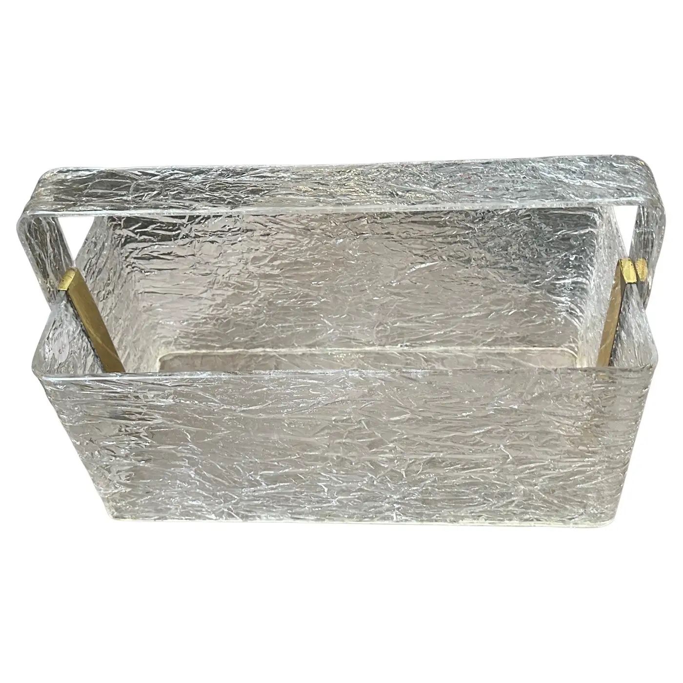 1980s Modern Iced Lucite and Brass Italian Design Magazine Rack by Cavinato