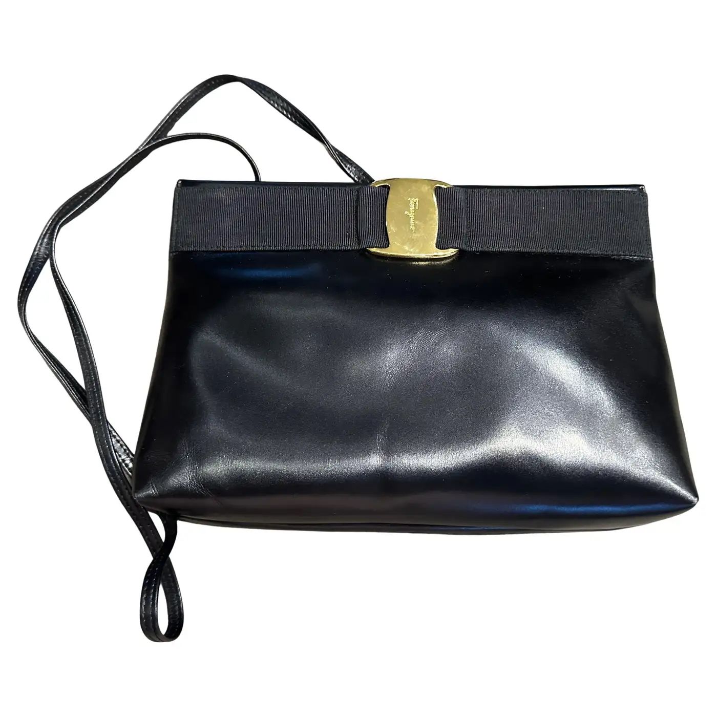 A 1990s Black Leather and Brass Shoulder Bag by Salvatore Ferragamo
