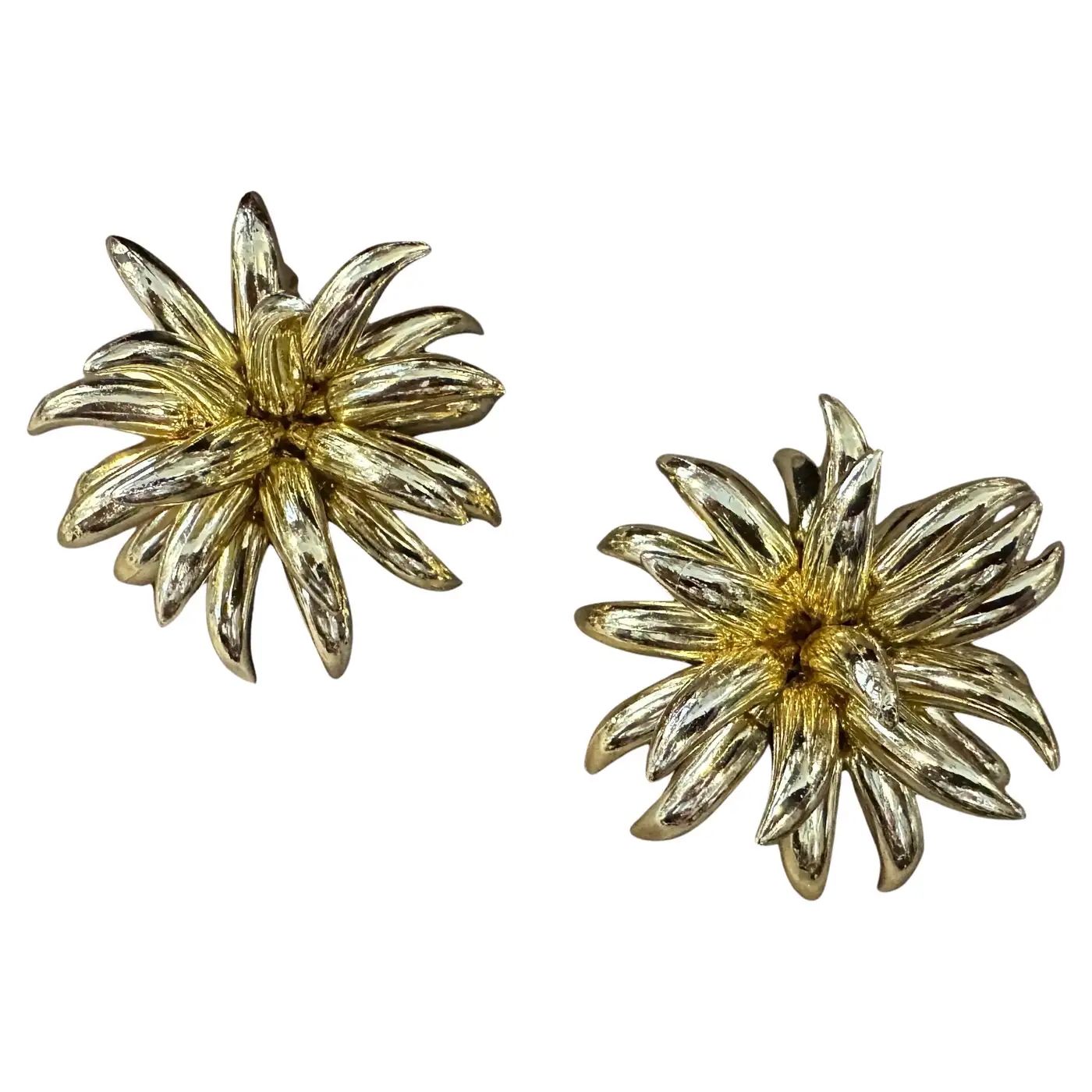 1960s Gilded Plastic Flower Huge Italian Clip On Earrings