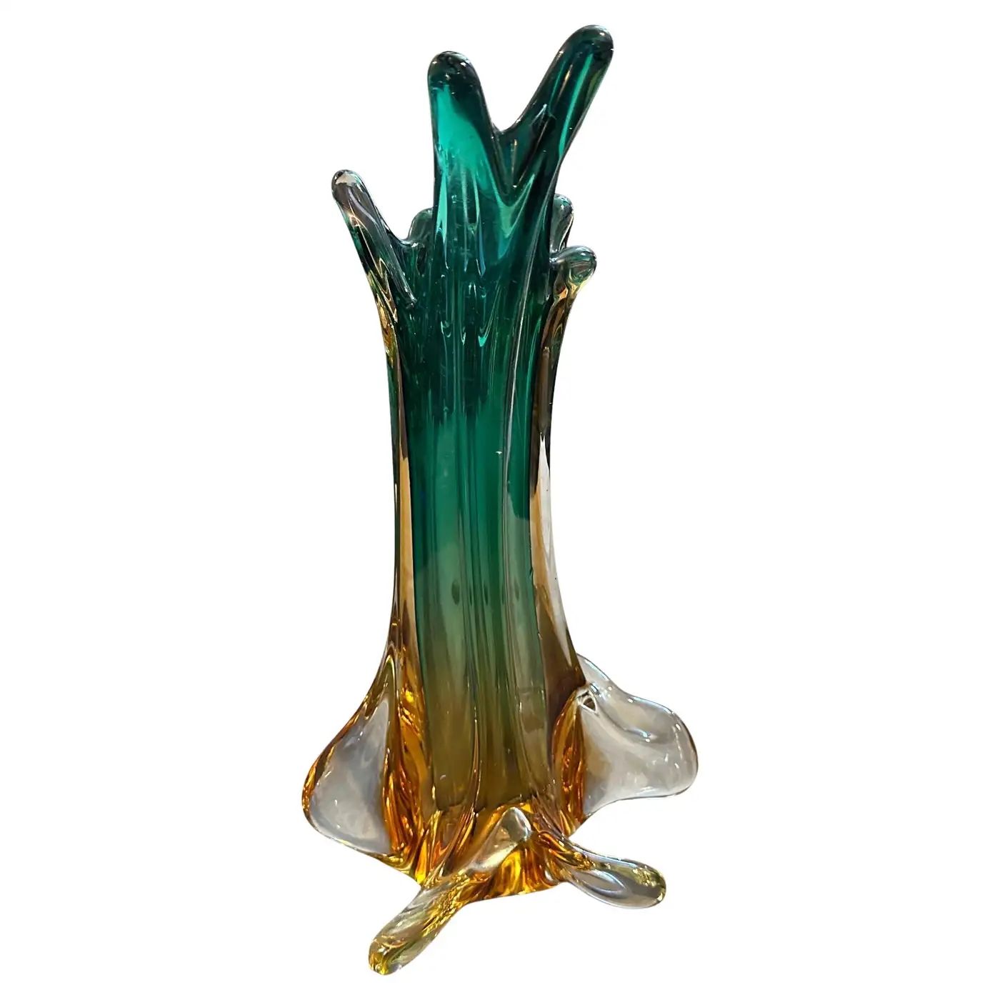 1970s Seguso Style Green and Yellow Sommerso Murano Glass Sculptural Vase 1970s Seguso Style Green and Yellow Sommerso Murano Glass Sculptural Vase