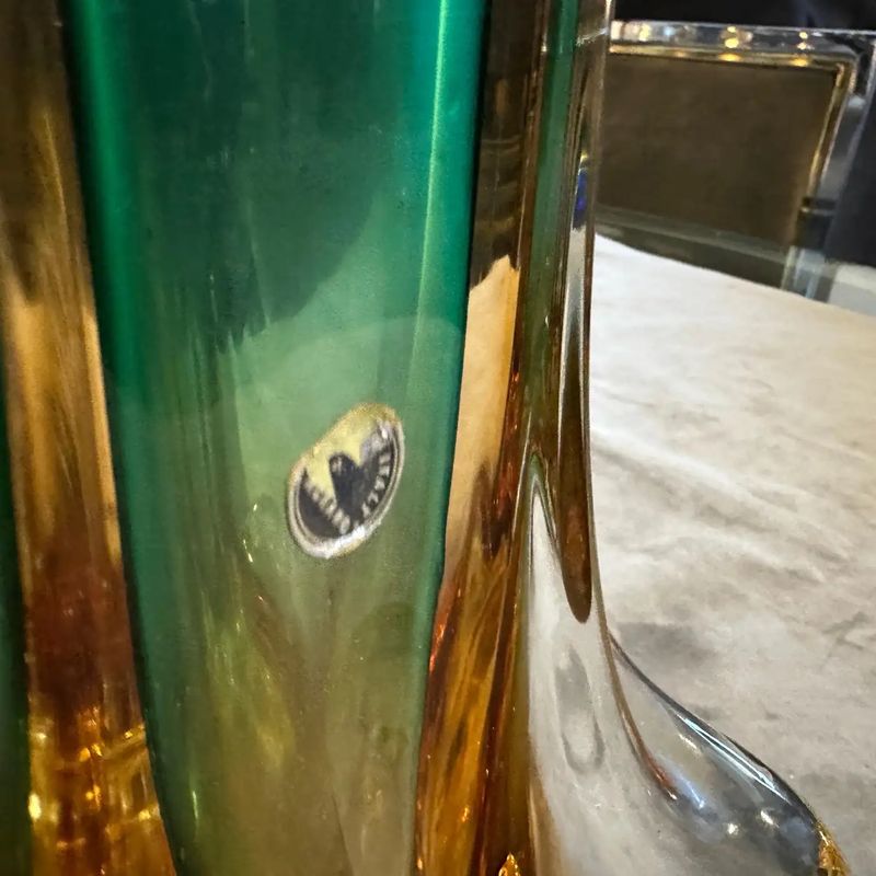 1970s Seguso Style Green and Yellow Sommerso Murano Glass Sculptural Vase