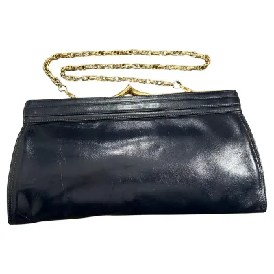 An Elegant 80s Blue Leather and Brass Structured Italian Shoulder bag by Esseppi