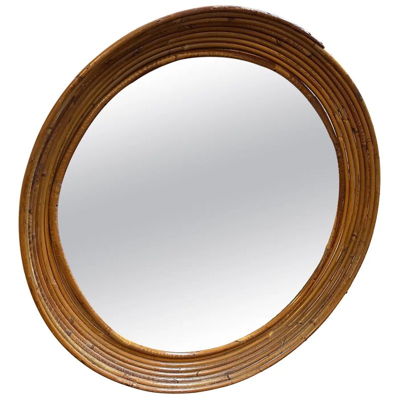 1960s Mid-Century Modern Rattan Frame Round Italian Wall Mirror by Vivai Del Sud
